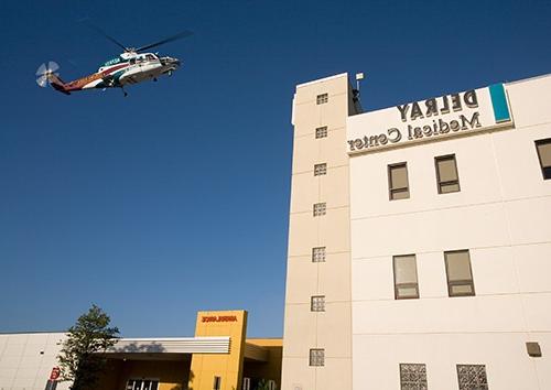 The Trauma Hawk flying by the Delray Medical Center